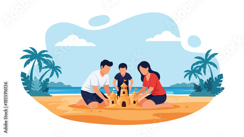 Modern vector illustration of family building sandcastle on tropical beach with palm trees, joyful summer vacation scene, ideal for family travel content