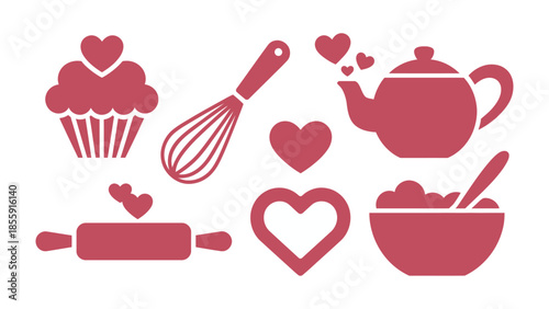 Sweet Bakery Symbols: A delightful array of baking-themed icons, adorned with hearts, creating a whimsical and charming visual for culinary enthusiasts and design projects.
