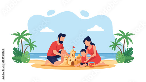 Modern vector illustration of family building sandcastle on tropical beach with palm trees, joyful summer vacation scene, ideal for family travel content