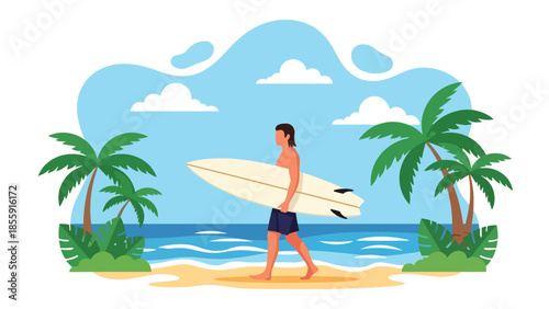 Modern vector illustration of surfer carrying surfboard on tropical beach with waves and palm trees, active summer lifestyle scene, ideal for sports travel