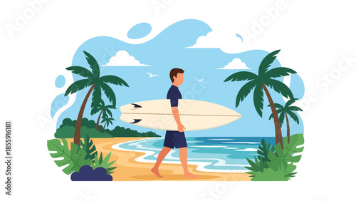 Modern vector illustration of surfer carrying surfboard on tropical beach with waves and palm trees, active summer lifestyle scene, ideal for sports travel