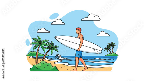 Modern vector illustration of surfer carrying surfboard on tropical beach with waves and palm trees, active summer lifestyle scene, ideal for sports travel