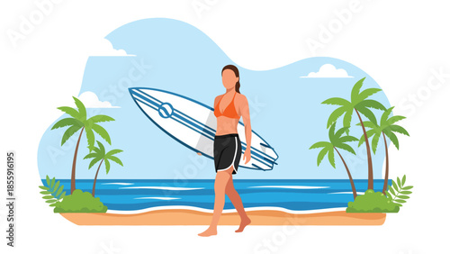 Modern vector illustration of surfer carrying surfboard on tropical beach with waves and palm trees, active summer lifestyle scene, ideal for sports travel