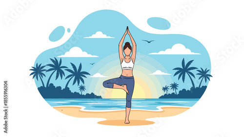 Modern vector illustration of woman practicing yoga on tropical beach at sunrise, calm wellness vacation scene, ideal for health and travel visuals