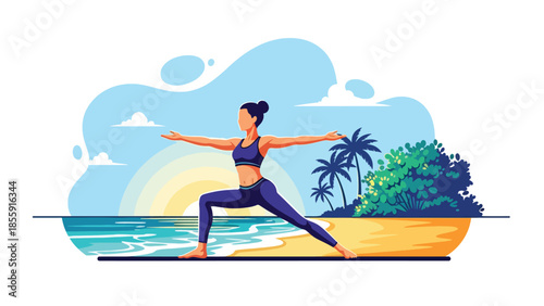 Modern vector illustration of woman practicing yoga on tropical beach at sunrise, calm wellness vacation scene, ideal for health and travel visuals