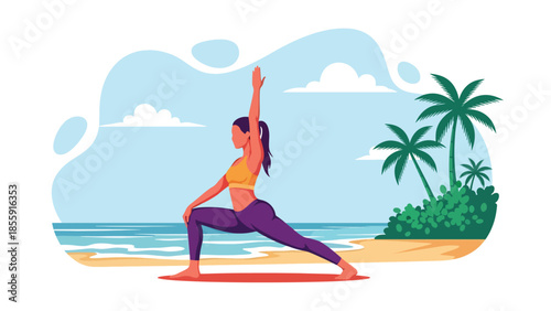 Modern vector illustration of woman practicing yoga on tropical beach at sunrise, calm wellness vacation scene, ideal for health and travel visuals