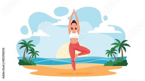 Modern vector illustration of woman practicing yoga on tropical beach at sunrise, calm wellness vacation scene, ideal for health and travel visuals