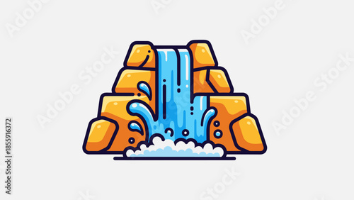 Cartoon Waterfall with Rocks and Splashing Water Illustration.