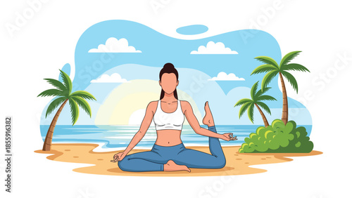 Modern vector illustration of woman practicing yoga on tropical beach at sunrise, calm wellness vacation scene, ideal for health and travel visuals