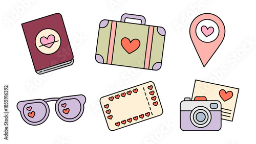 Travel and Love: A delightful collection of travel-themed items, all adorned with charming hearts, ready to whisk you away on a romantic adventure.