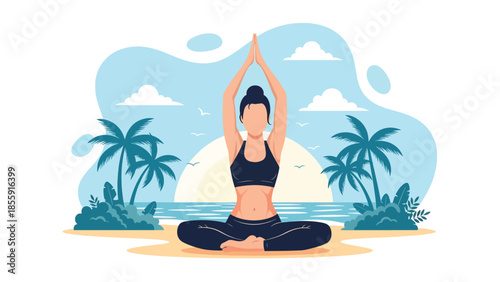 Modern vector illustration of woman practicing yoga on tropical beach at sunrise, calm wellness vacation scene, ideal for health and travel visuals