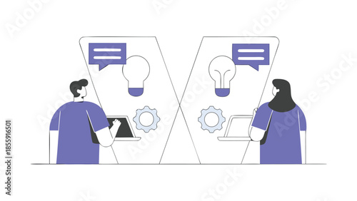 Business partners stand apart but connected by communication and ideas through laptops and speech bubbles