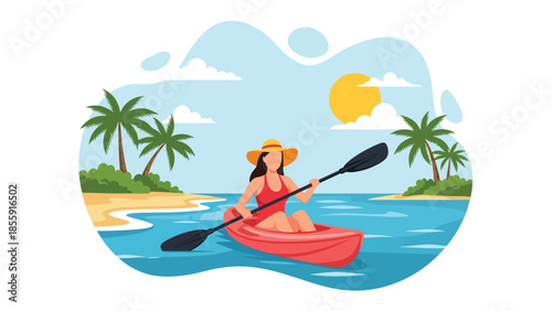 Modern vector illustration of people kayaking on calm tropical sea with islands in background, outdoor adventure vacation scene, ideal for travel visuals
