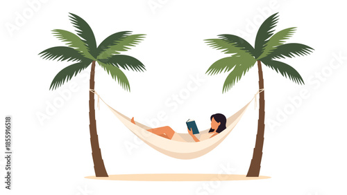 Modern vector illustration of woman relaxing in hammock between palm trees, peaceful tropical vacation scene, ideal for wellness and travel content
