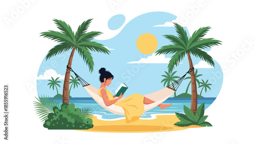 Modern vector illustration of woman relaxing in hammock between palm trees, peaceful tropical vacation scene, ideal for wellness and travel content