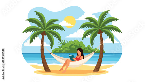 Modern vector illustration of woman relaxing in hammock between palm trees, peaceful tropical vacation scene, ideal for wellness and travel content