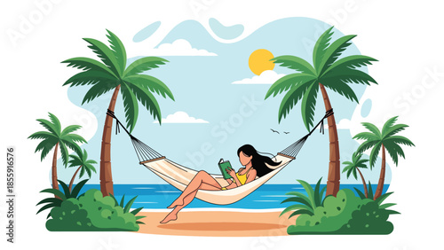 Modern vector illustration of woman relaxing in hammock between palm trees, peaceful tropical vacation scene, ideal for wellness and travel content