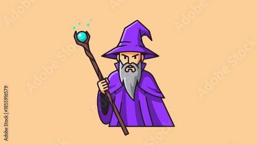 Cartoon Wizard with Staff and Pointed Hat Illustration.