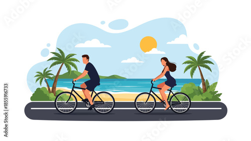 Modern vector illustration of couple cycling along tropical coastal road with palm trees and ocean, active travel lifestyle scene, ideal for tourism designs