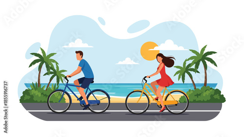 Modern vector illustration of couple cycling along tropical coastal road with palm trees and ocean, active travel lifestyle scene, ideal for tourism designs