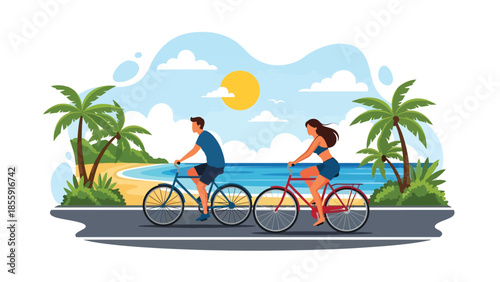 Modern vector illustration of couple cycling along tropical coastal road with palm trees and ocean, active travel lifestyle scene, ideal for tourism designs