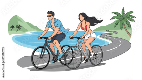 Modern vector illustration of couple cycling along tropical coastal road with palm trees and ocean, active travel lifestyle scene, ideal for tourism designs