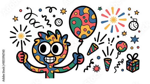Festive Illustration: A cheerful cartoon character gleefully holds a sparkling wand and a colorful balloon, surrounded by celebratory elements like fireworks, confetti and gift boxes.