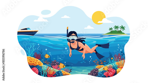 Modern vector illustration of people snorkeling near tropical reef from boat, ocean adventure vacation scene, ideal for travel and marine activity visuals