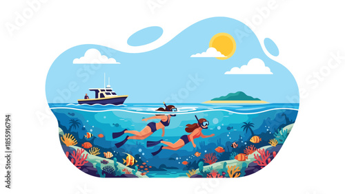 Modern vector illustration of people snorkeling near tropical reef from boat, ocean adventure vacation scene, ideal for travel and marine activity visuals