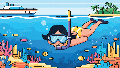 Modern vector illustration of people snorkeling near tropical reef from boat, ocean adventure vacation scene, ideal for travel and marine activity visuals