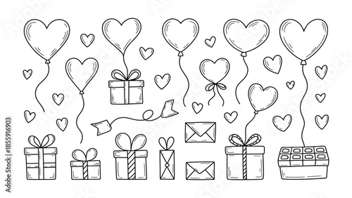 Love's Symbols: Hand-drawn elements of love and celebration, perfect for expressing affection and joy, featuring hearts, gifts, and balloons to evoke the feeling of romance.
