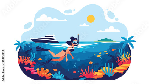 Modern vector illustration of people snorkeling near tropical reef from boat, ocean adventure vacation scene, ideal for travel and marine activity visuals