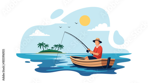 Modern vector illustration of man fisherman fishing from small boat in tropical sea with island background, peaceful vacation scene, ideal for travel and leisure visuals