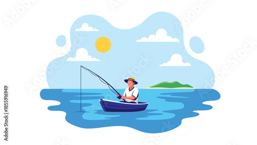 Modern vector illustration of man fisherman fishing from small boat in tropical sea with island background, peaceful vacation scene, ideal for travel and leisure visuals
