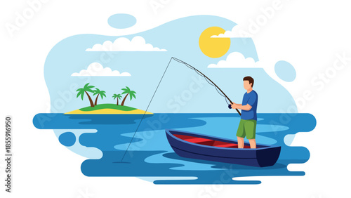 Modern vector illustration of man fisherman fishing from small boat in tropical sea with island background, peaceful vacation scene, ideal for travel and leisure visuals