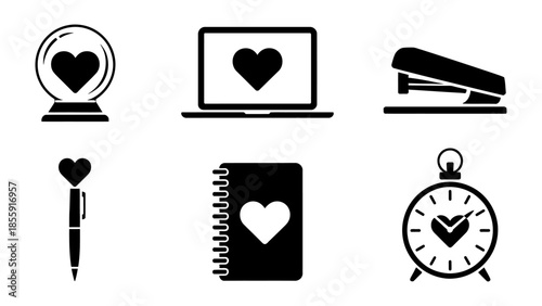 Love Symbols: A collection of simple black icons of heart in different objects. evoke sense of connection, emotion and bond. 
