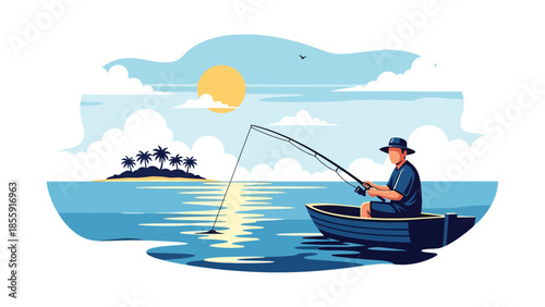 Modern vector illustration of man fisherman fishing from small boat in tropical sea with island background, peaceful vacation scene, ideal for travel and leisure visuals