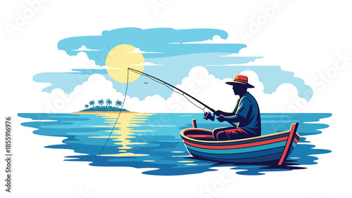 Modern vector illustration of man fisherman fishing from small boat in tropical sea with island background, peaceful vacation scene, ideal for travel and leisure visuals