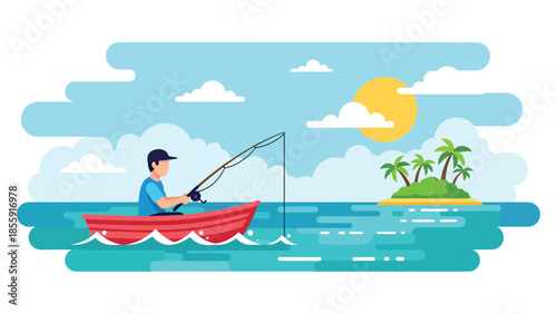 Modern vector illustration of man fisherman fishing from small boat in tropical sea with island background, peaceful vacation scene, ideal for travel and leisure visuals