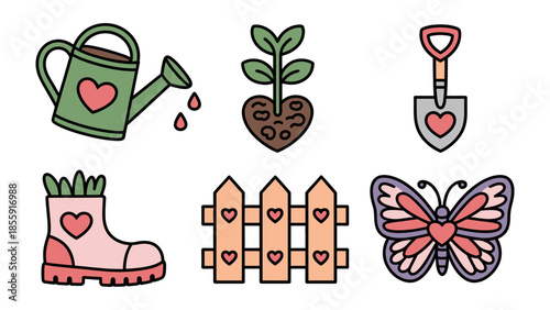 Garden Essentials: Illustrative collection of gardening tools including watering can, sapling, shovel, wellington boot, fence and butterfly, celebrating spring and growth