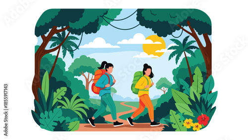 Modern vector illustration of people hiking through tropical jungle with lush trees, adventure travel scene, ideal for eco tourism and exploration themes