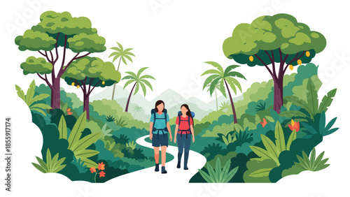 Modern vector illustration of people hiking through tropical jungle with lush trees, adventure travel scene, ideal for eco tourism and exploration themes