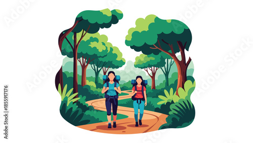 Modern vector illustration of people hiking through tropical jungle with lush trees, adventure travel scene, ideal for eco tourism and exploration themes