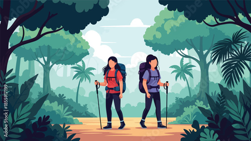Modern vector illustration of people hiking through tropical jungle with lush trees, adventure travel scene, ideal for eco tourism and exploration themes
