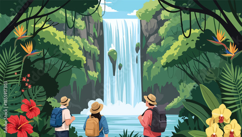 Modern vector illustration of tourists taking photos near tropical waterfall in jungle, adventure travel scene, ideal for tourism and exploration visuals