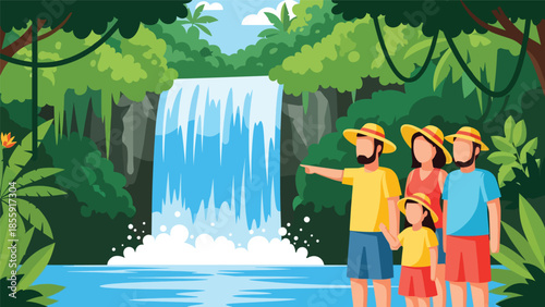 Modern vector illustration of tourists taking photos near tropical waterfall in jungle, adventure travel scene, ideal for tourism and exploration visuals