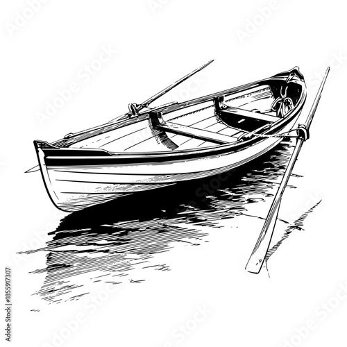 A detailed sketch of a rowboat with oars on the water casting a dark shadow in black and white style