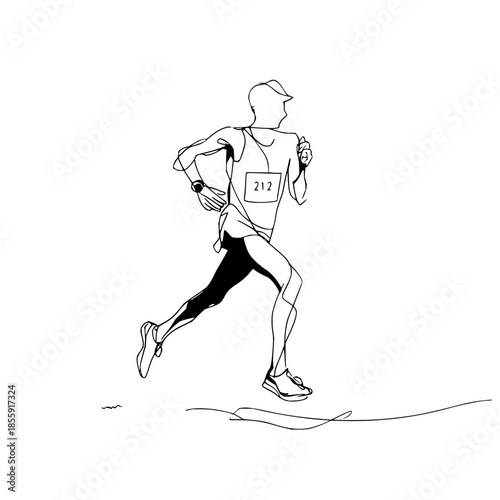 A minimalist line drawing of a runner with number 212 on their bib wearing a cap and a watch running fast