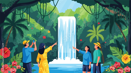 Modern vector illustration of tourists taking photos near tropical waterfall in jungle, adventure travel scene, ideal for tourism and exploration visuals