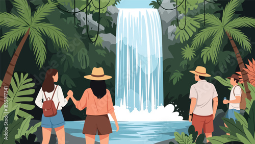 Modern vector illustration of tourists taking photos near tropical waterfall in jungle, adventure travel scene, ideal for tourism and exploration visuals
